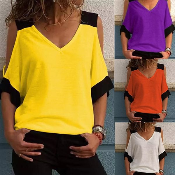 S-5XL Womens Summer Casual Tunic Tops V-neck Short Sleeve Shirts Cotton Block Color Stitching Loose T-shirt Ladies Hollow Out Off Shoulder Lady Pullovers Blouses - BlackFridayBuys