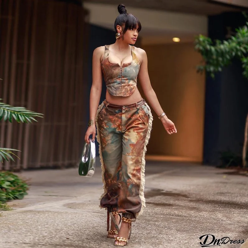 Women's Sexy Crop Camouflage Vest High Waist Printed Tassel Pants Two Piece Set
