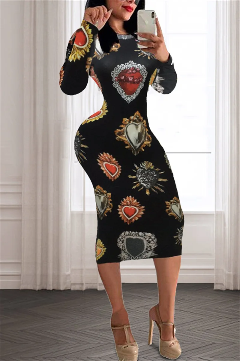multicolor Fashion Casual Print Basic O Neck A Line Dresses | EGEMISS