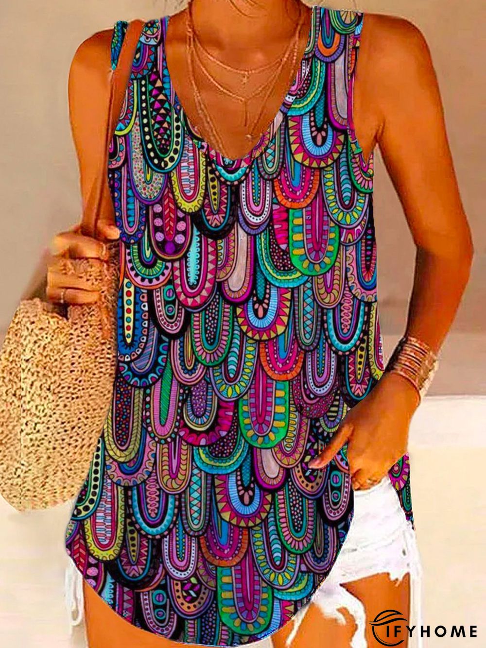 Women's Daily Abstract Printed Painting Loose Casual V Neck Tank & Cami | IFYHOME