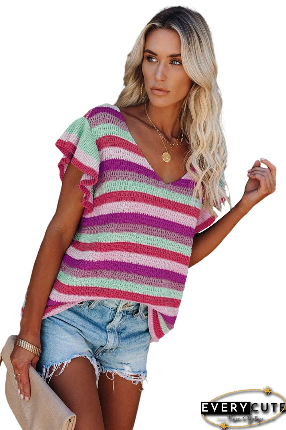 Pink Striped Ruffle Short Sleeve Knit Top