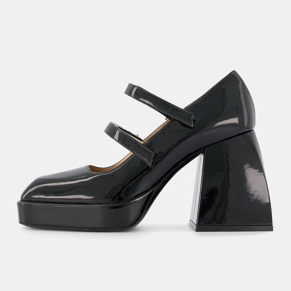 Black Patent Closed Square Toe Platform Pumps with Velcro Strap Nicepairs