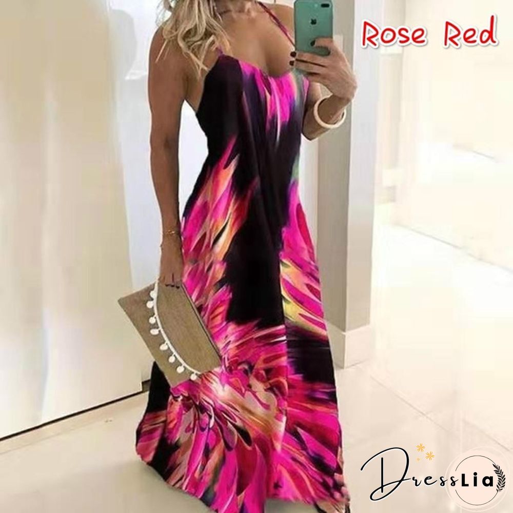 Plus Size Fashion Clothes Summer Dresses Women's Casual Sleeveless Halter Party Dress Ladies Deep V-neck Floral Printed Beach Wear Maxi Dress
