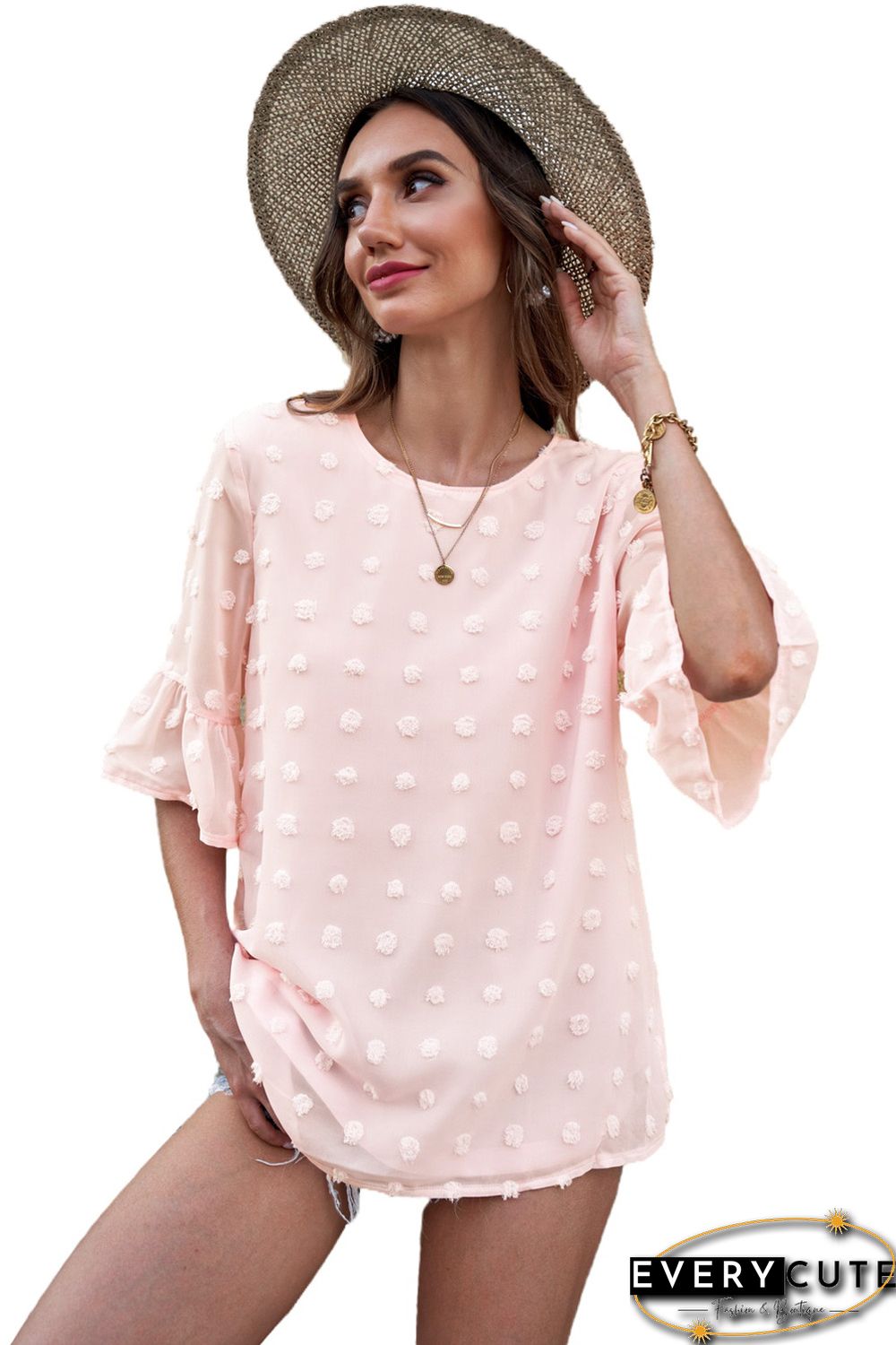 Pink Swiss Dot Tie Blouse