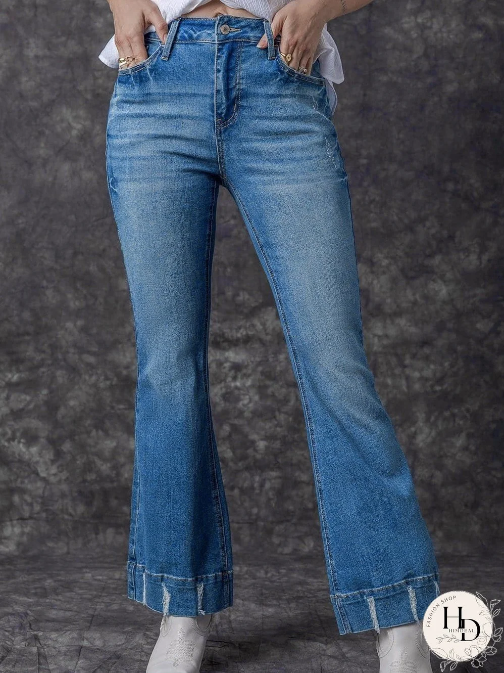Vintage Embroidered Patchwork Bootcut Button Side Split Denim Jeans
