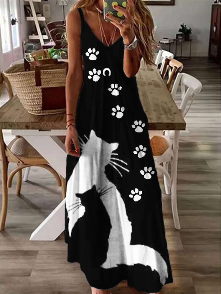 Black & White Cats Art Paw Prints Cami Maxi Dress