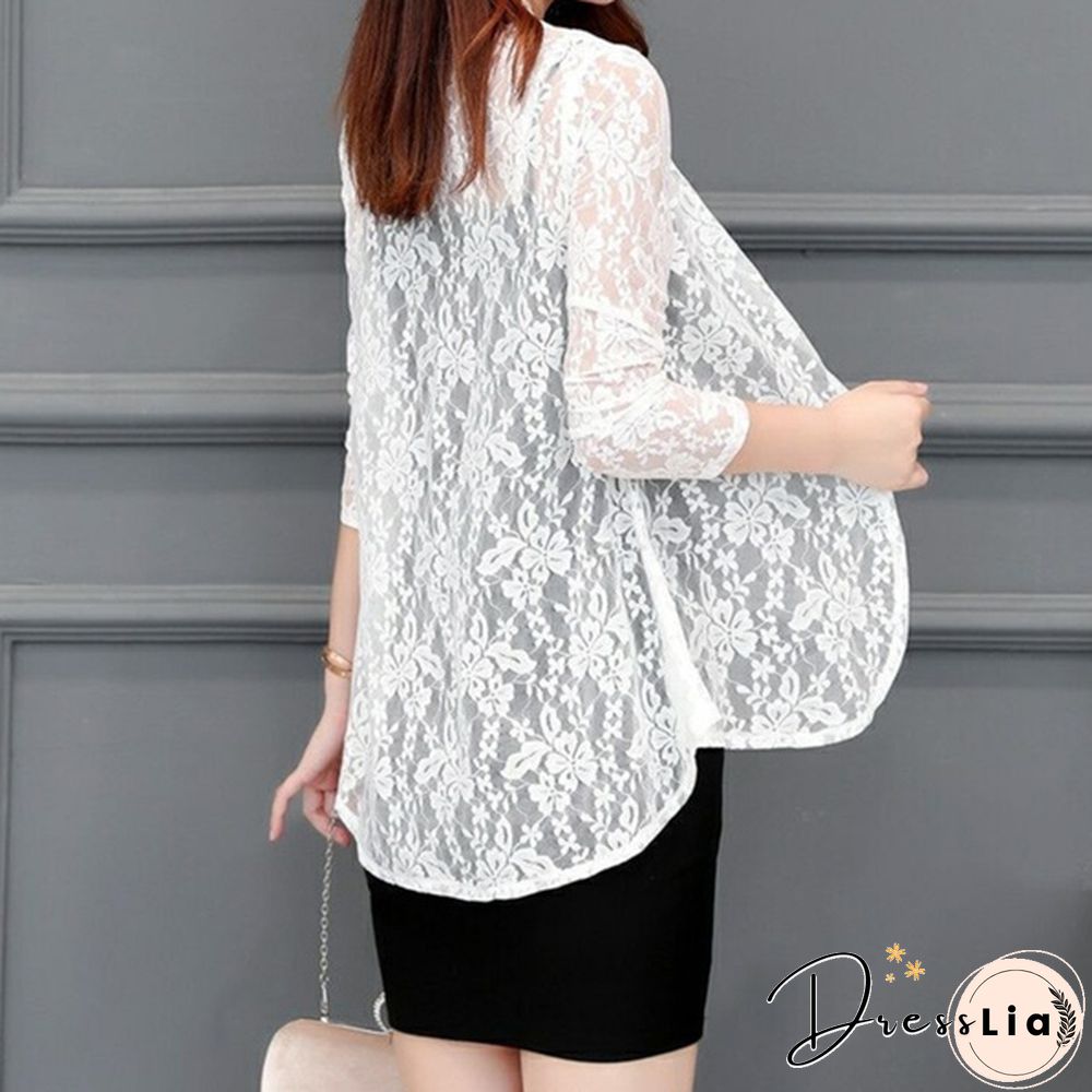 Womens Fashion Lace Cardigans Long Sleeves Solid Color Slim Fit Coat Casual Trench Outwear