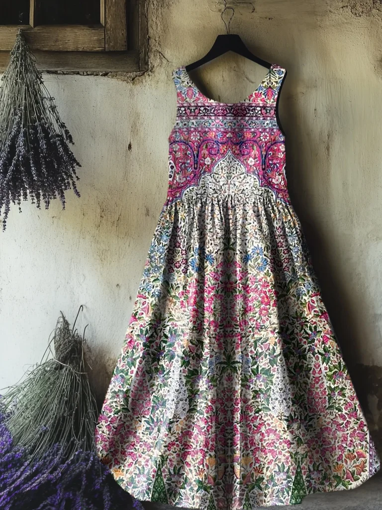 Women's Vintage Ethnic Floral Art Print Sleeveless Cotton Pocket Dress