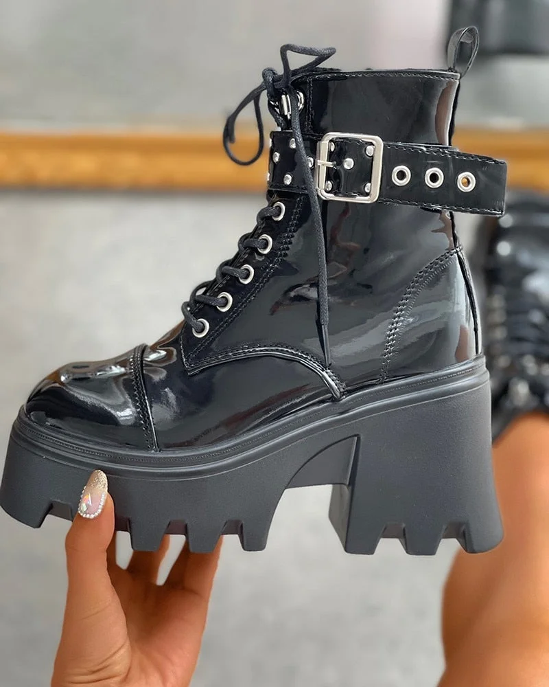 BONJOMARISA Big Size 43 Platform Chunky Heel Zipper Goth Motorcycle Boots Women Black Fashion Punk Cool Combat Ladies Shoes