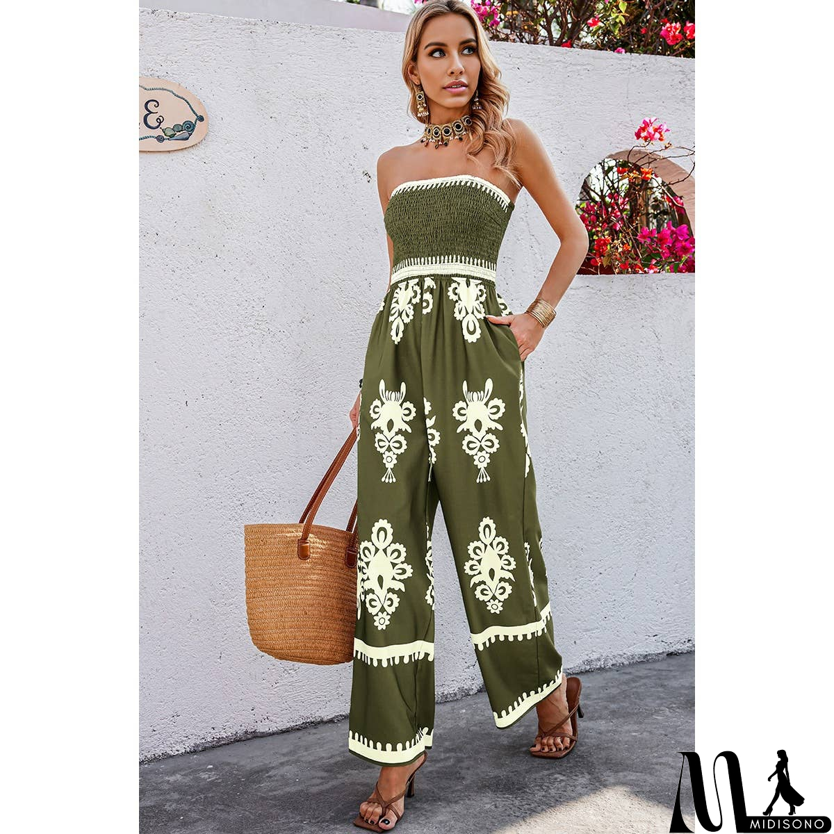 MidiSono - Off Shoulder Ruched Printed High Waist Jumpsuit
