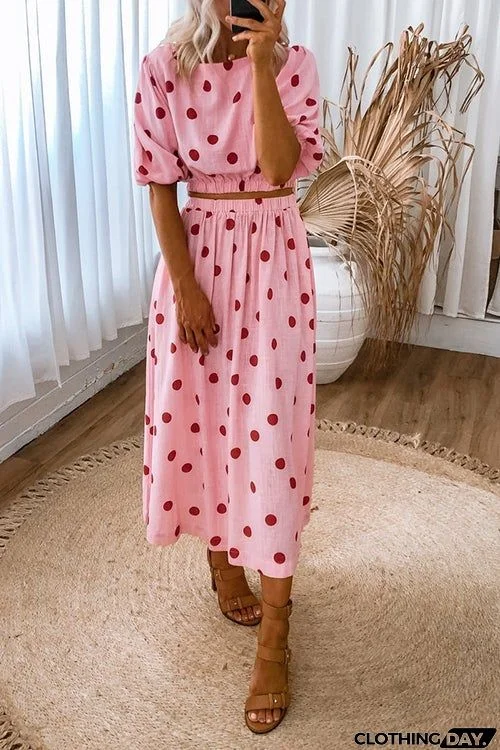 Polka Dot Puff Sleeve Maxi Skirts Set