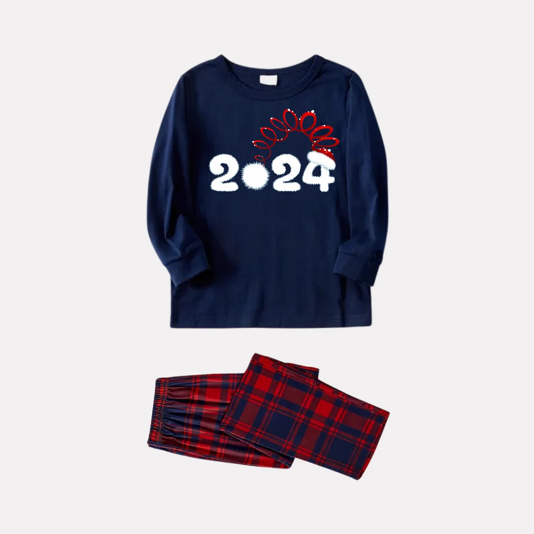 Cute 2024 Pattern Prints Blue Long Sleeves Top with Red & Blue Plaid Pants Family Matching Pajamas