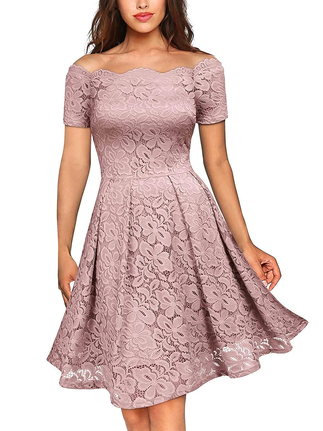 Women's Vintage Floral Lace Short Sleeve Boat Neck Cocktail Party Swing Dress