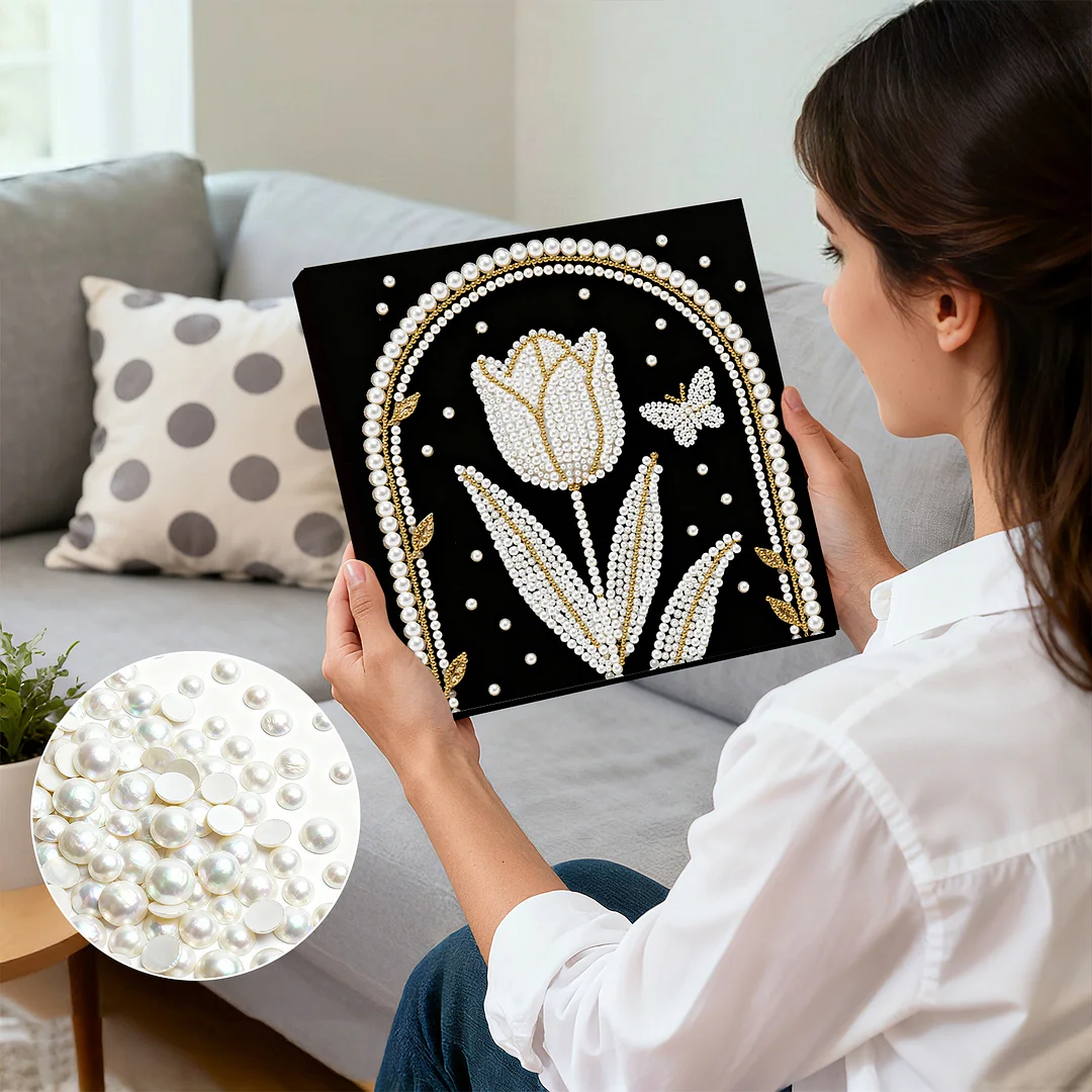 Tulip DIY Pearl Art Diamond Painting Kit for Adults Home Decor 25x25cm With Frame