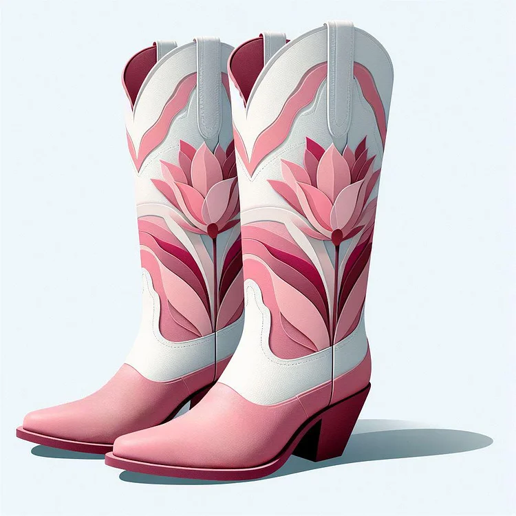 Pink & White Pointy Toe Flower Trim Chunky Heel Mid Calf Cowgirl Boots |FSJ Shoes