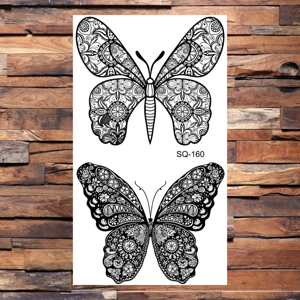 Small Butterfly Temporary Tattoos For Women Girls Realistic Skull Rose Flower Snake Feather Fake Tattoo Sticker Back Arm Tatoos
