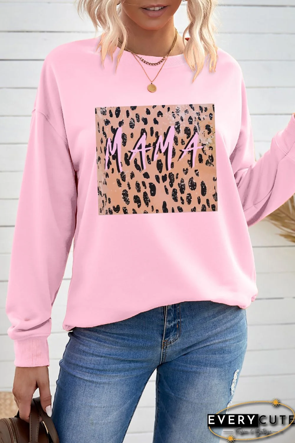 Pink MAMA Leopard Color Block Drop Sleeve Pullover Sweatshirt