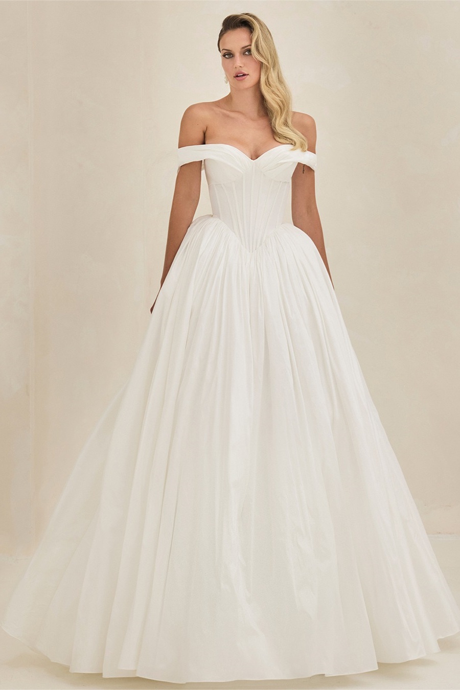Ovlias Dazzling Off-the-shoulder Backless Satin Tailored Wedding Dress LY0516