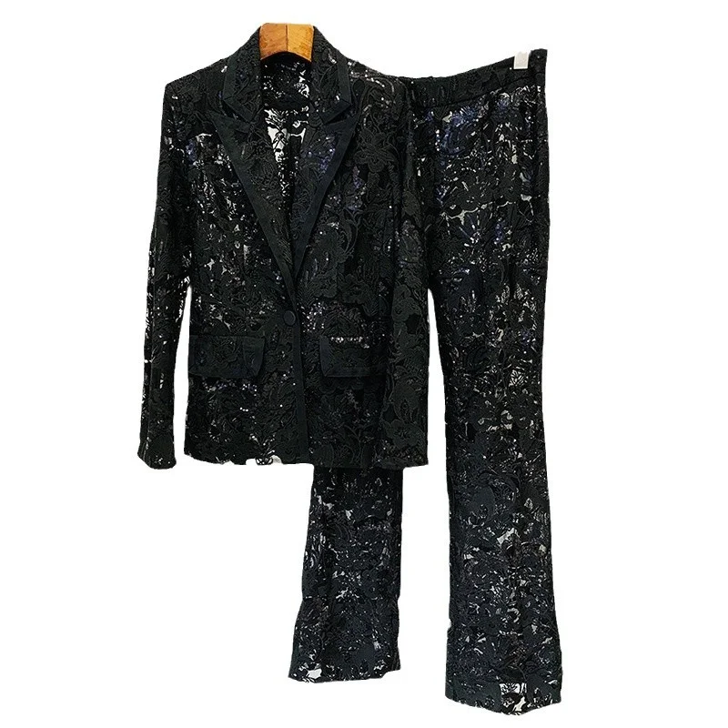 Nigikala Nigikala Fashion New Mesh Heavy Industry Embroidery Blazer Trousers Set Two-Piece Set