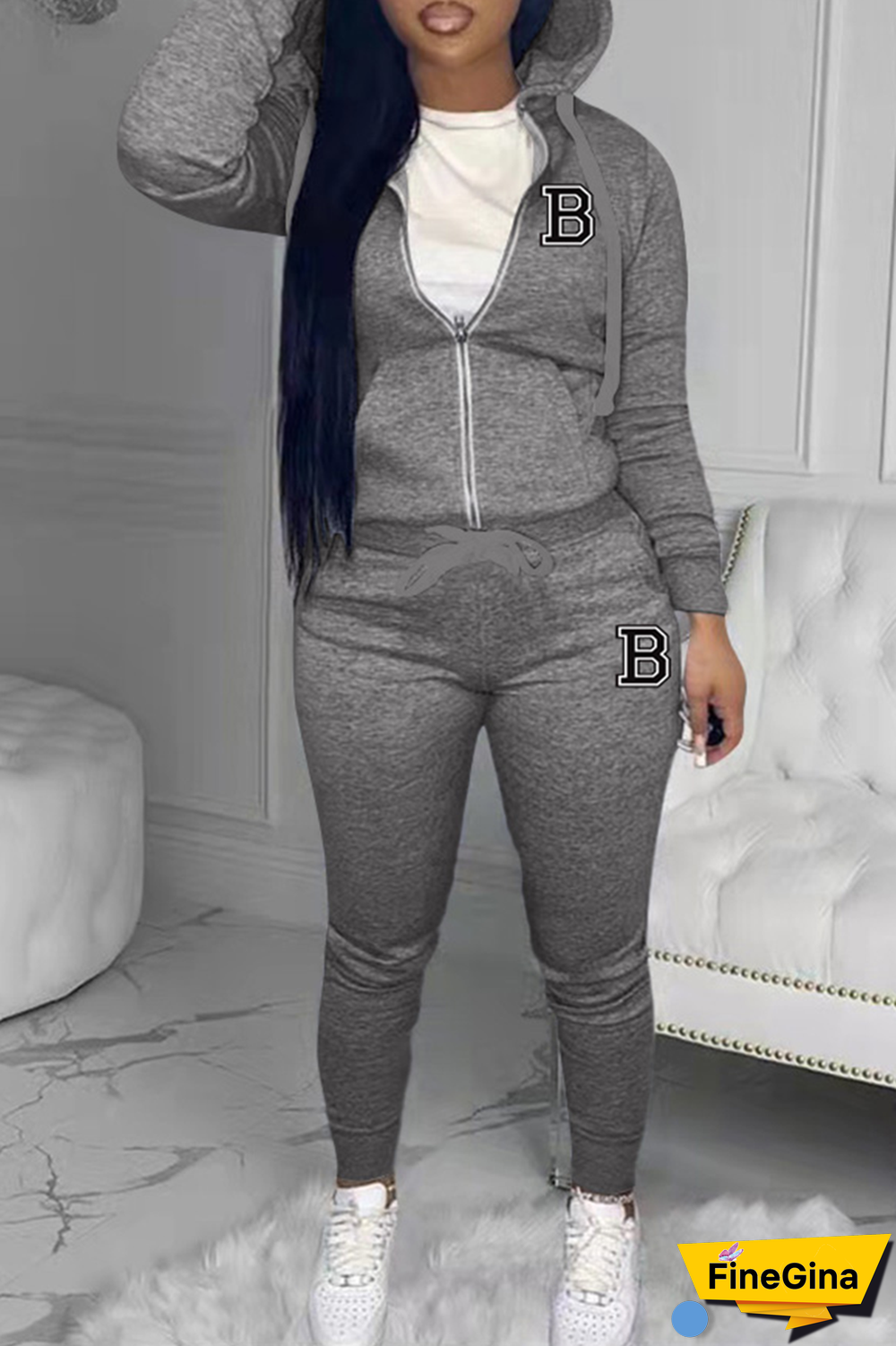 Yellow Street Print Patchwork Hooded Collar Long Sleeve Two Pieces