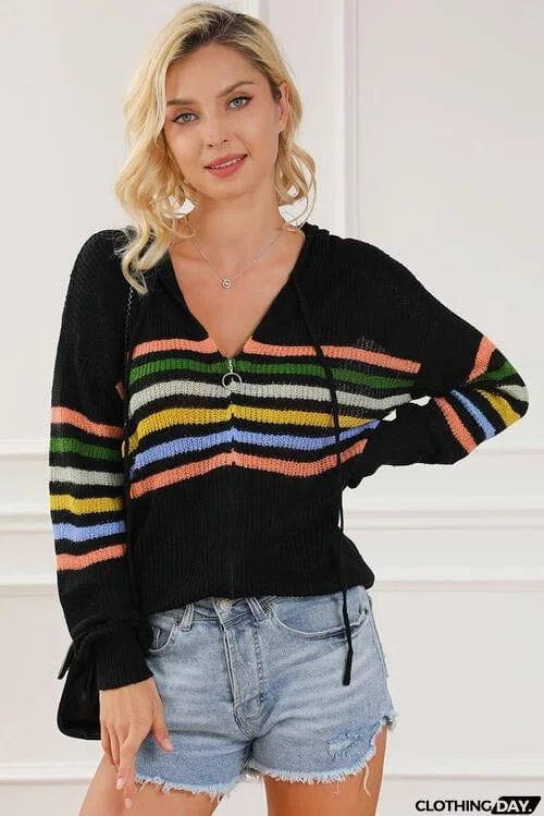 Zip Up Drawstring Hooded Knit Top