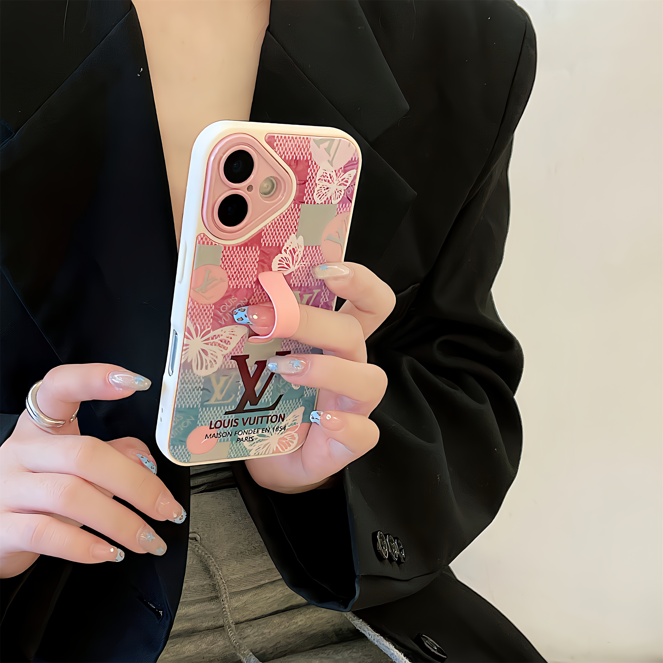 LV Monogram Checkerboard Elegant Butterfly Print Ring Buckle Apple iPhone Case