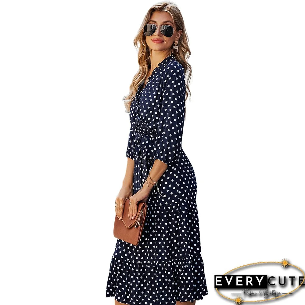 Navy Blue 3/4 Sleeve Polka Dot Ruffle Hem Maxi Dress