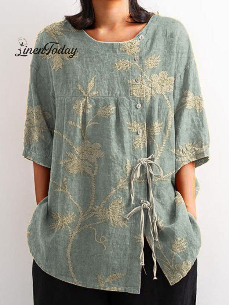Women’s Vintage Floral Art Print Casual Cotton And Linen Shirt / S