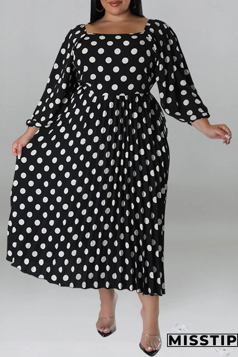 Black Casual Dot Print Patchwork Backless O Neck Long Sleeve Plus Size Dresses (Without Belt)