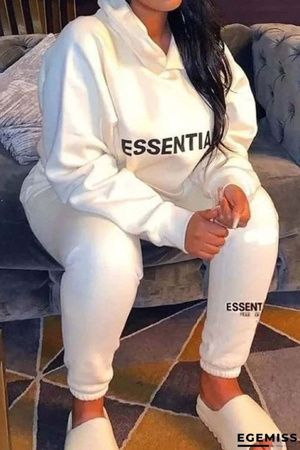 White Casual Print Letter Hooded Collar Long Sleeve Two Pieces | EGEMISS
