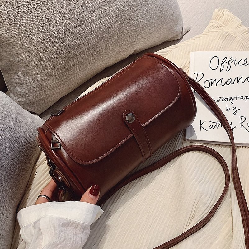 Vintage Bag Crossbody Bags for Women 2021 Girl Shopper Fashion Casual Solid Color Barrel-Shaped Bag PU Leather Designer Handbags