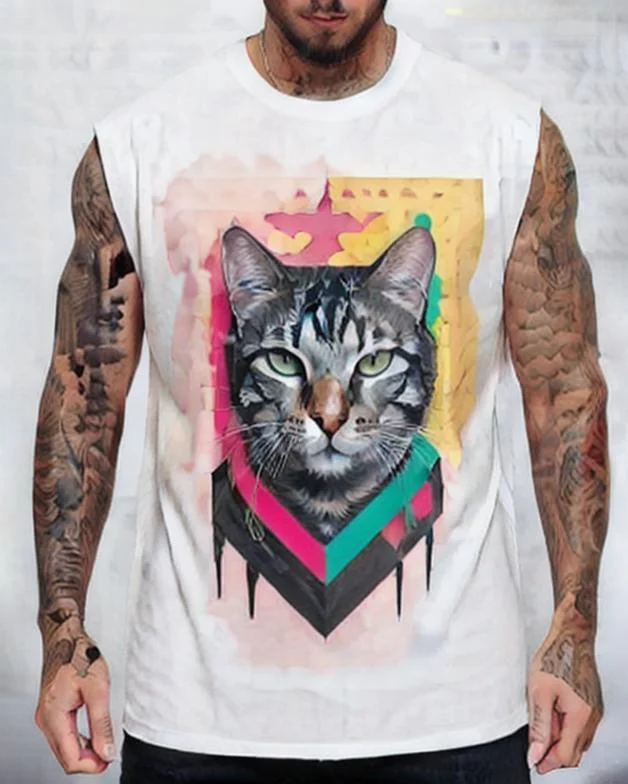 Men's Casual Cat Print Tank Top at Hiphopee