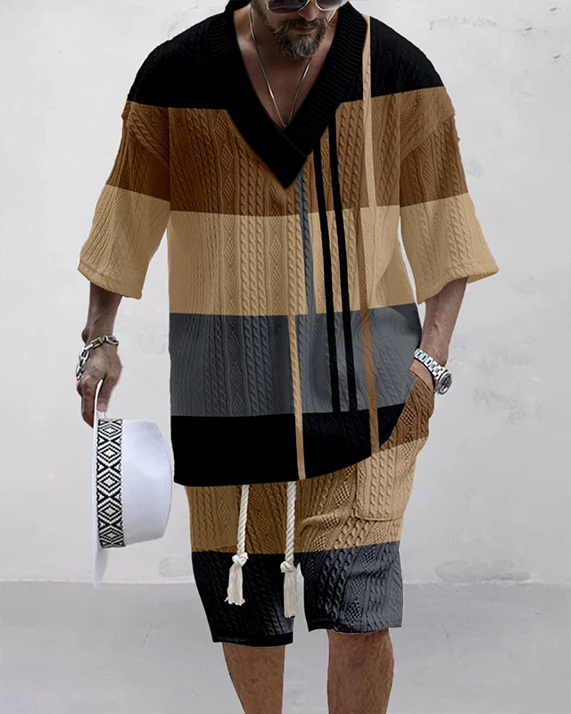 Men's V-neck luxury textured print shorts Set 016