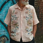 Men's Vintage Floral Embroidered Comfy Linen Shirt - Image 2