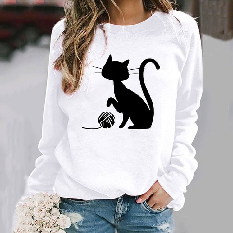 Comstylish Simple Cat Print Crew Neck Long Sleeve Sweatshirt