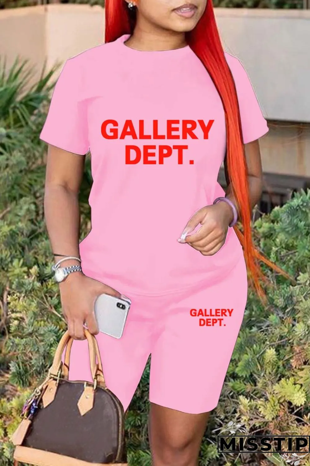 Green Casual Letter Print Basic O Neck Short Sleeve Two Pieces