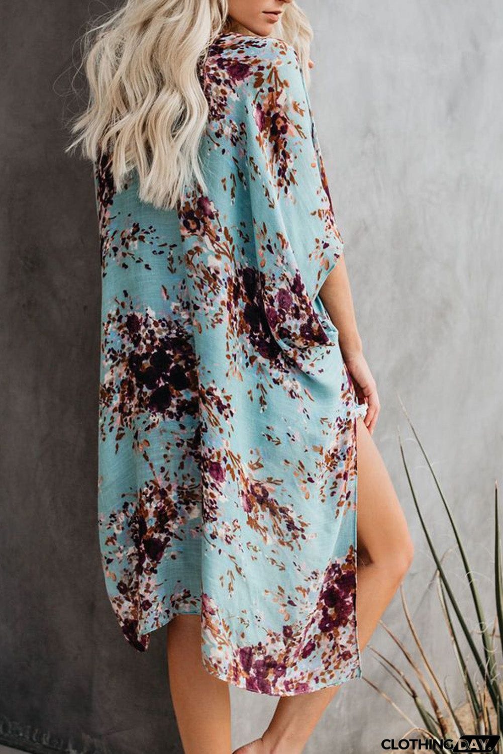 Floral Kimono Sleeves Chiffon Loose Beach Cover Up