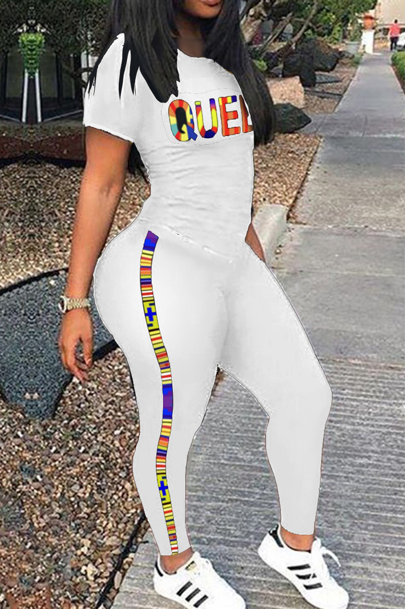 Casual Print Split Joint O Neck Short Sleeve Two Pieces
