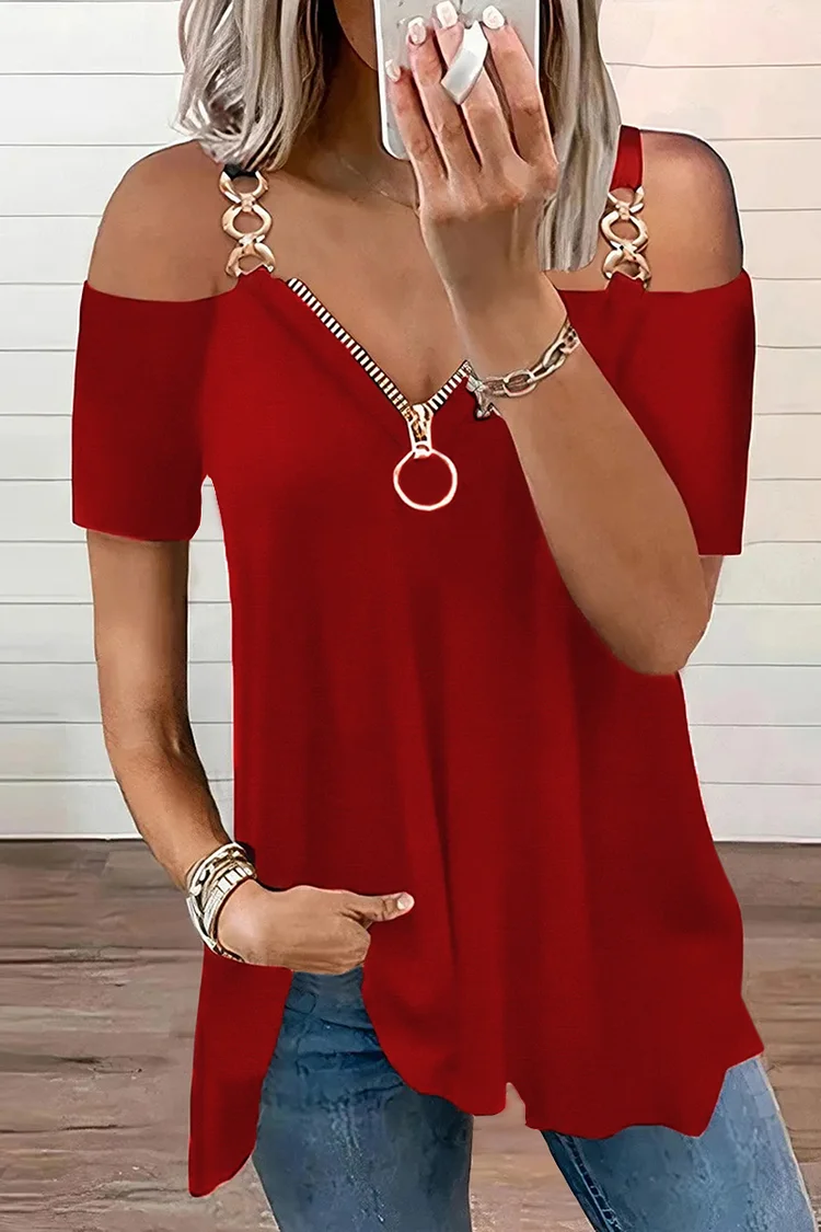 Chain Linked Ring Half Zip Cold Shoulder Blouse