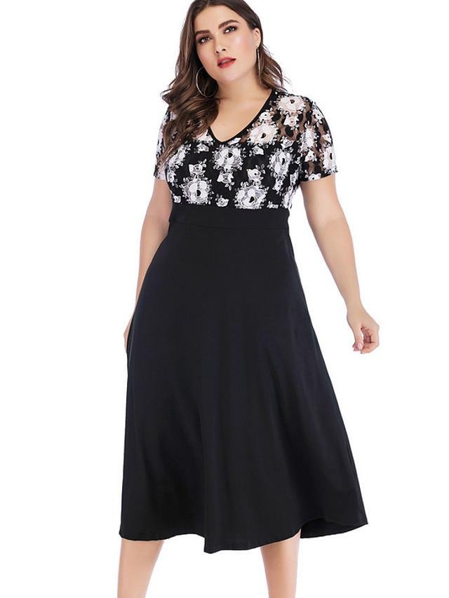 Women's A-Line Dress Midi Dress - Short Sleeve Solid Color Summer Casual 2020 Black XL XXL XXXL XXXXL XXXXXL