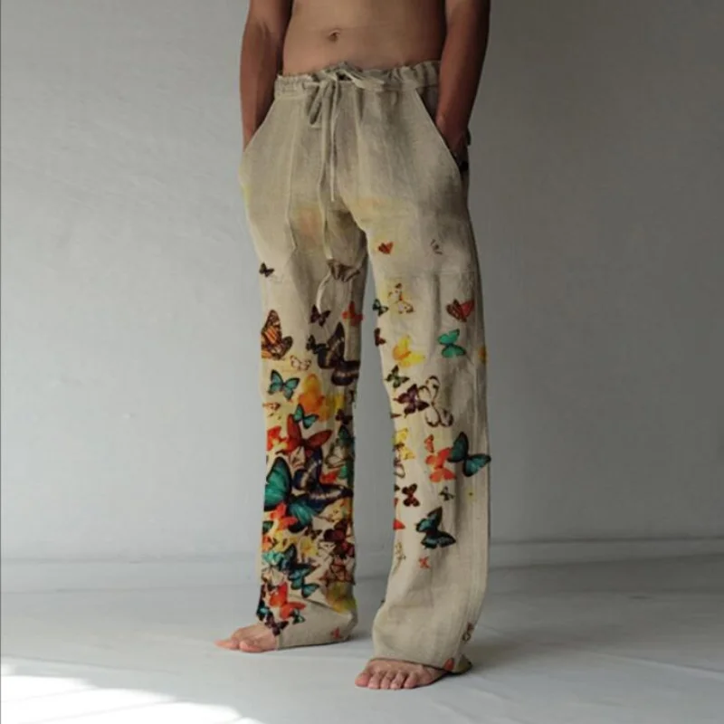 Men's Retro Butterfly Print Drawstring Waist Pants