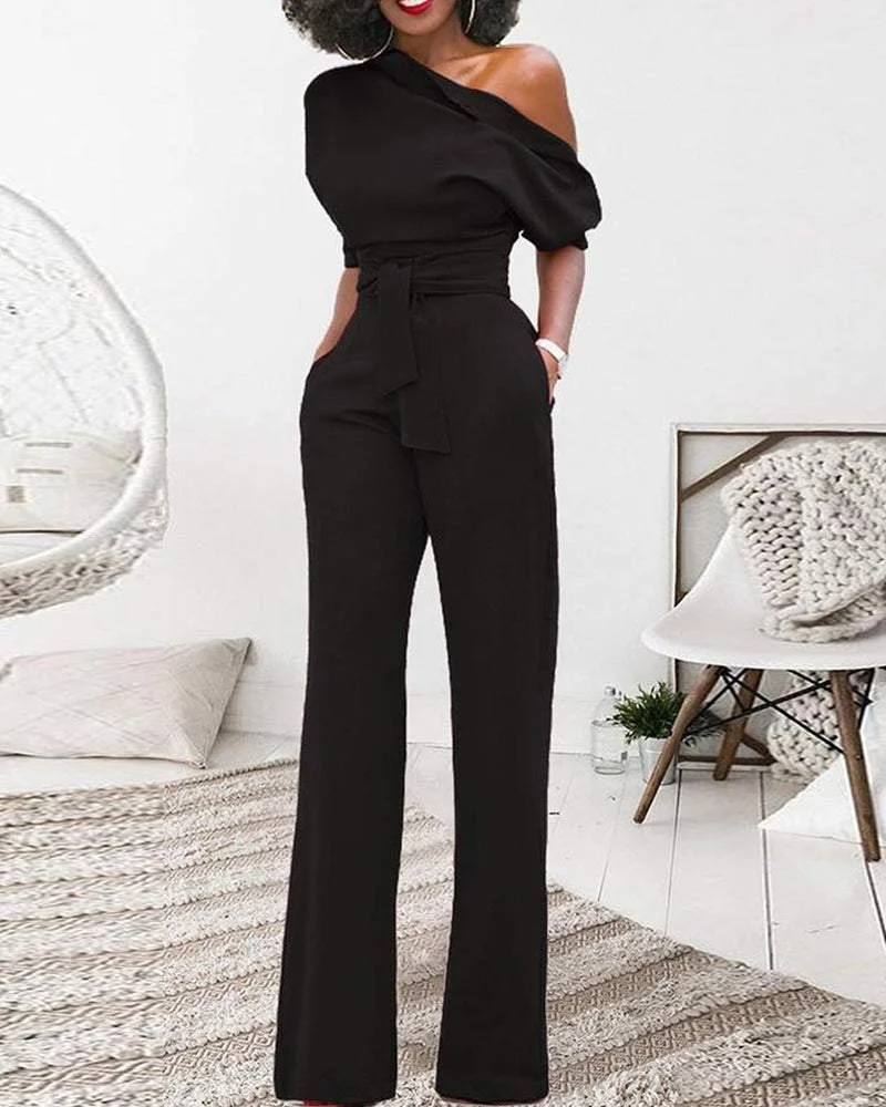 Classic Solid Color Diagonal Belt Jumpsuit