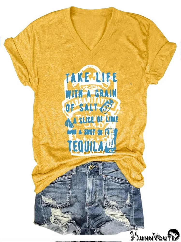 Women's Rip Jimmy Take Life With A Grin of Salt A Slice of Lime And A Shot of Tequila Printed V-Neck T-Shirt