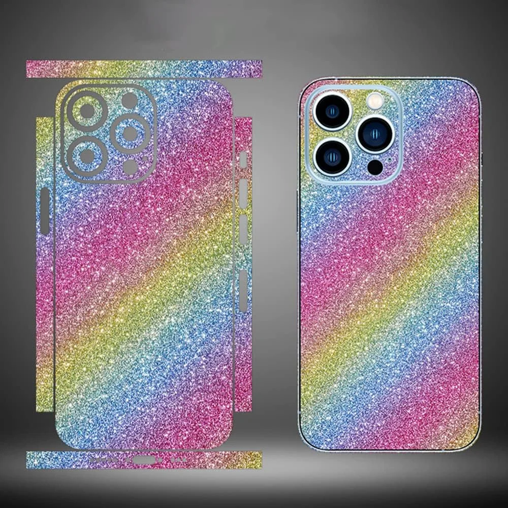 Compatible with iPhone 13 Pro Max Bling Glitter Sticker Skin Wraps Shiny Sparkle Cute for Women Girls Girly Luxury Sticker 2 Pack Rainbow