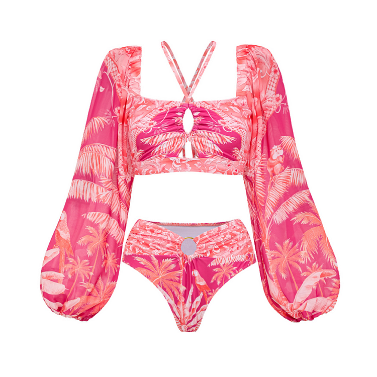 Long-sleeved Tropical Jungle Print Bikini Swimsuit and Sarong Flaxmaker 