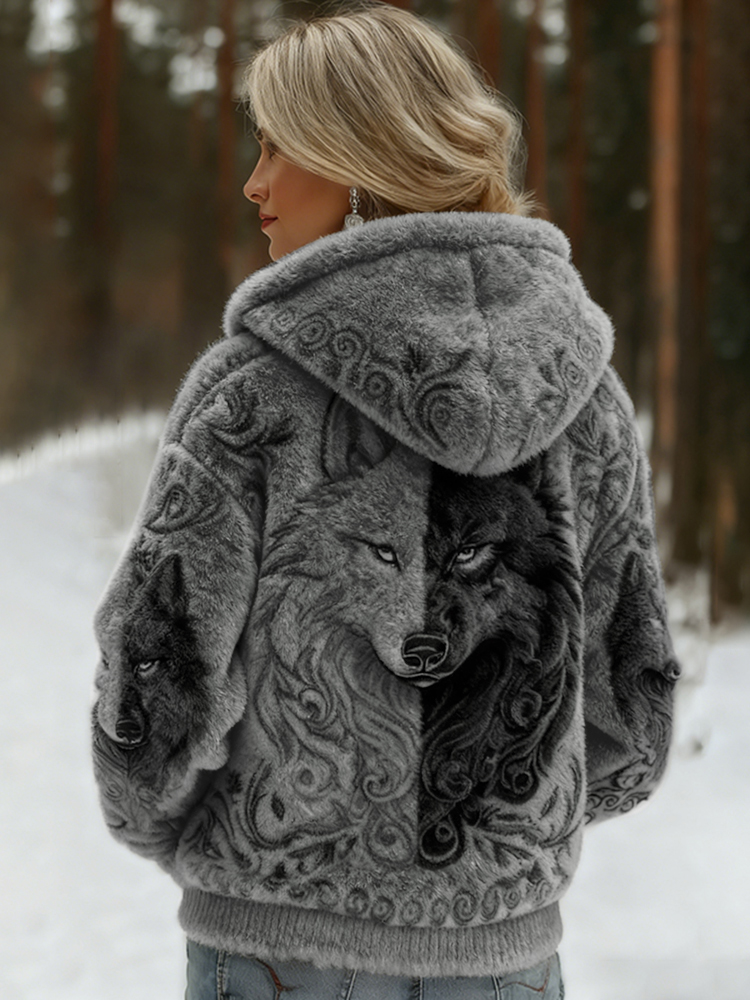 Women's Viking Wolf Art Knit Cozy Flannel Hooded elevenforest