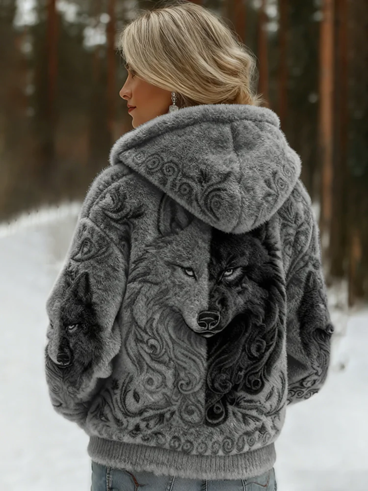 Women's Viking Wolf Art Knit Cozy Flannel Hooded