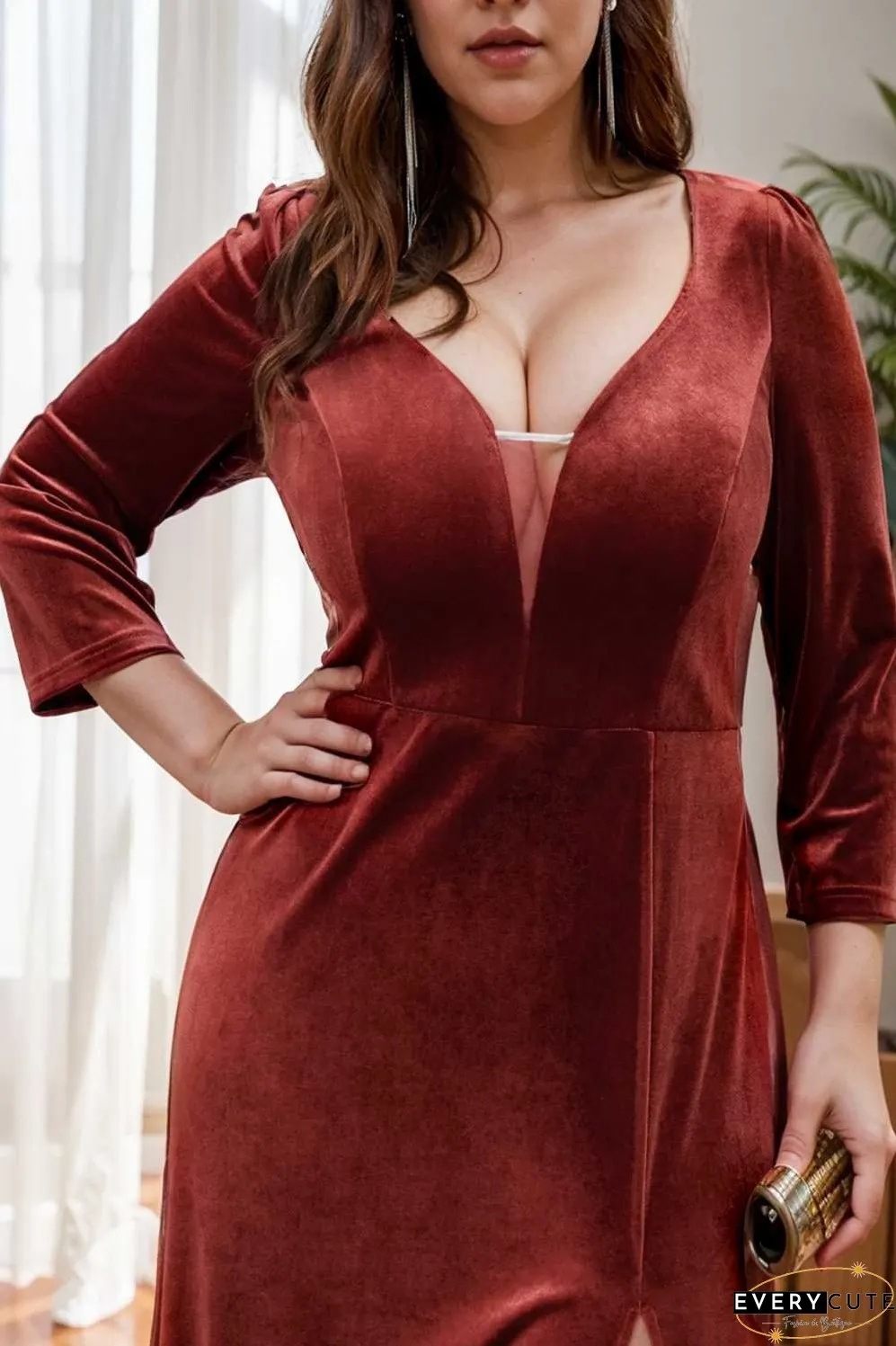 velvet 3 4 length sleeve illusion v neck front slit evening dress