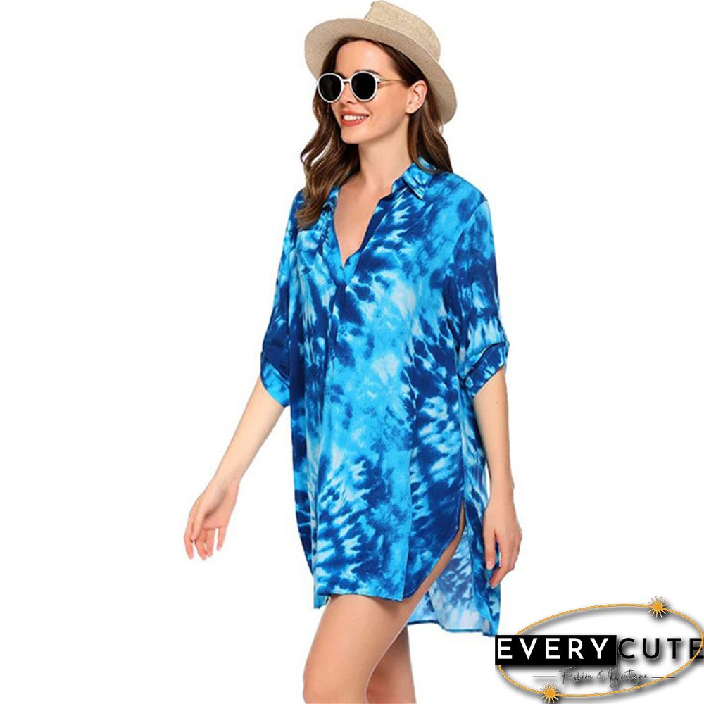 Aquamarine Print Shirt Style Beach Cover Dress
