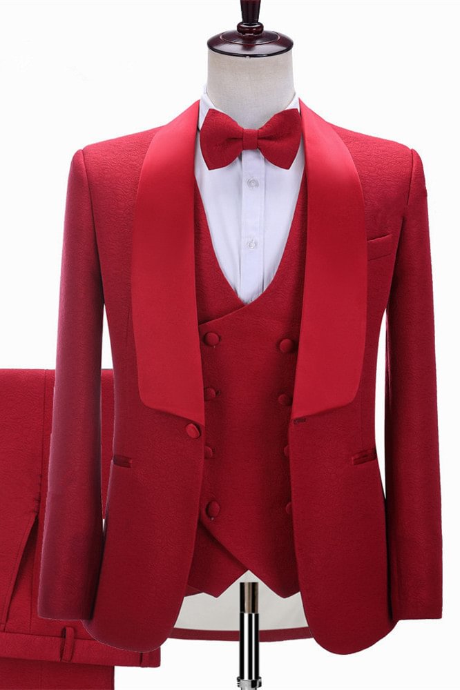Red Three-Piece Chic Shawl Lapel Slim Fit Wedding Suit For Men | Ballbellas Ballbellas